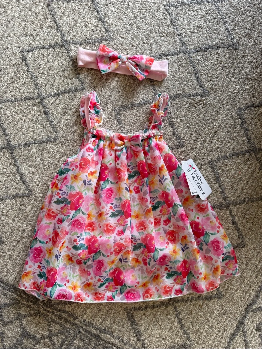 Baby Starters Pink Floral Dress with Matching Pink Bow Headband